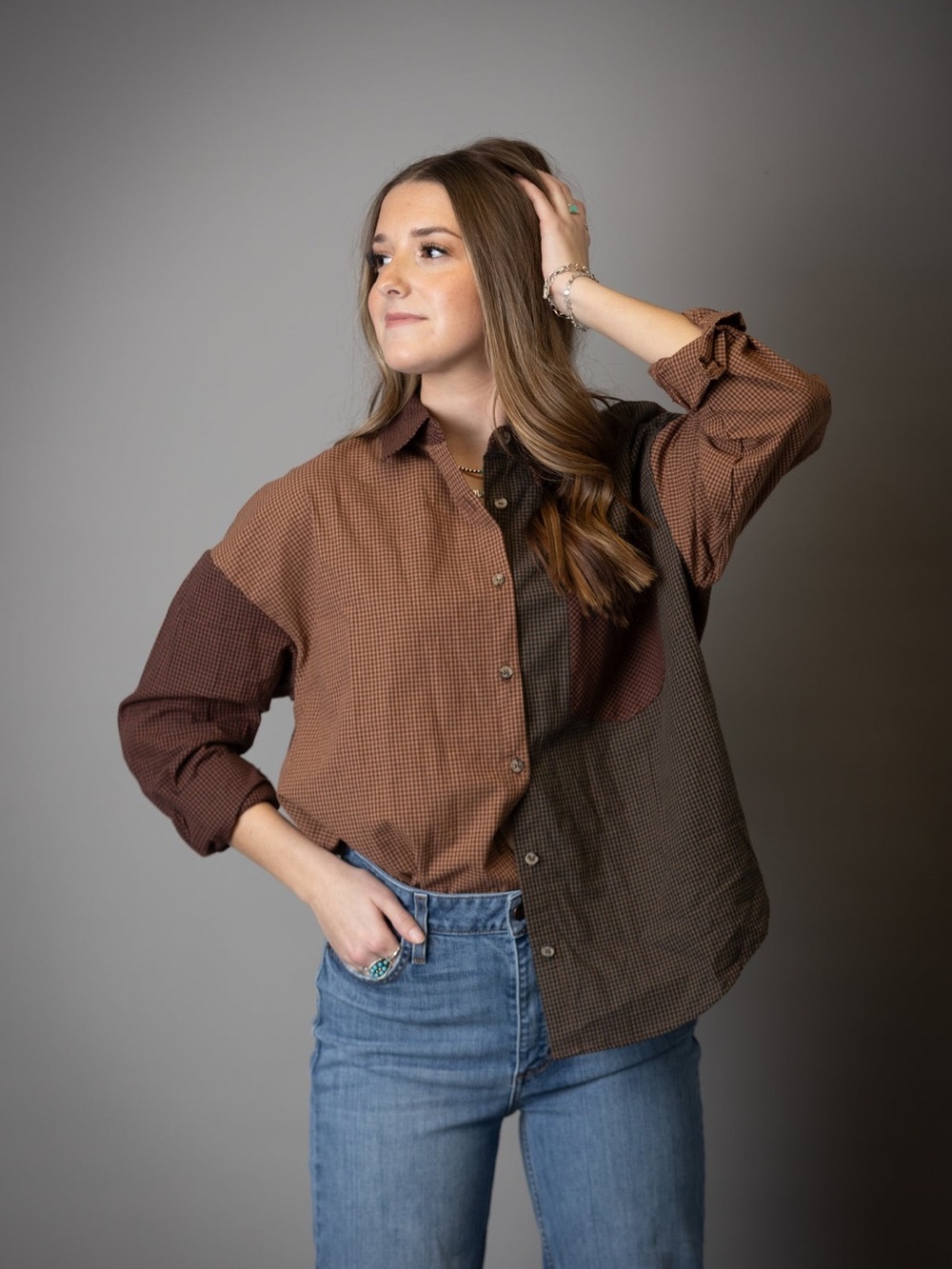 NWT Blu Pepper plaid color block button down top size medium oversized